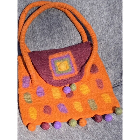 RISING TIDE Felted Wool Bag Pompoms Boho Hippie Handbag Burnt Orange Purple - Picture 2 of 8